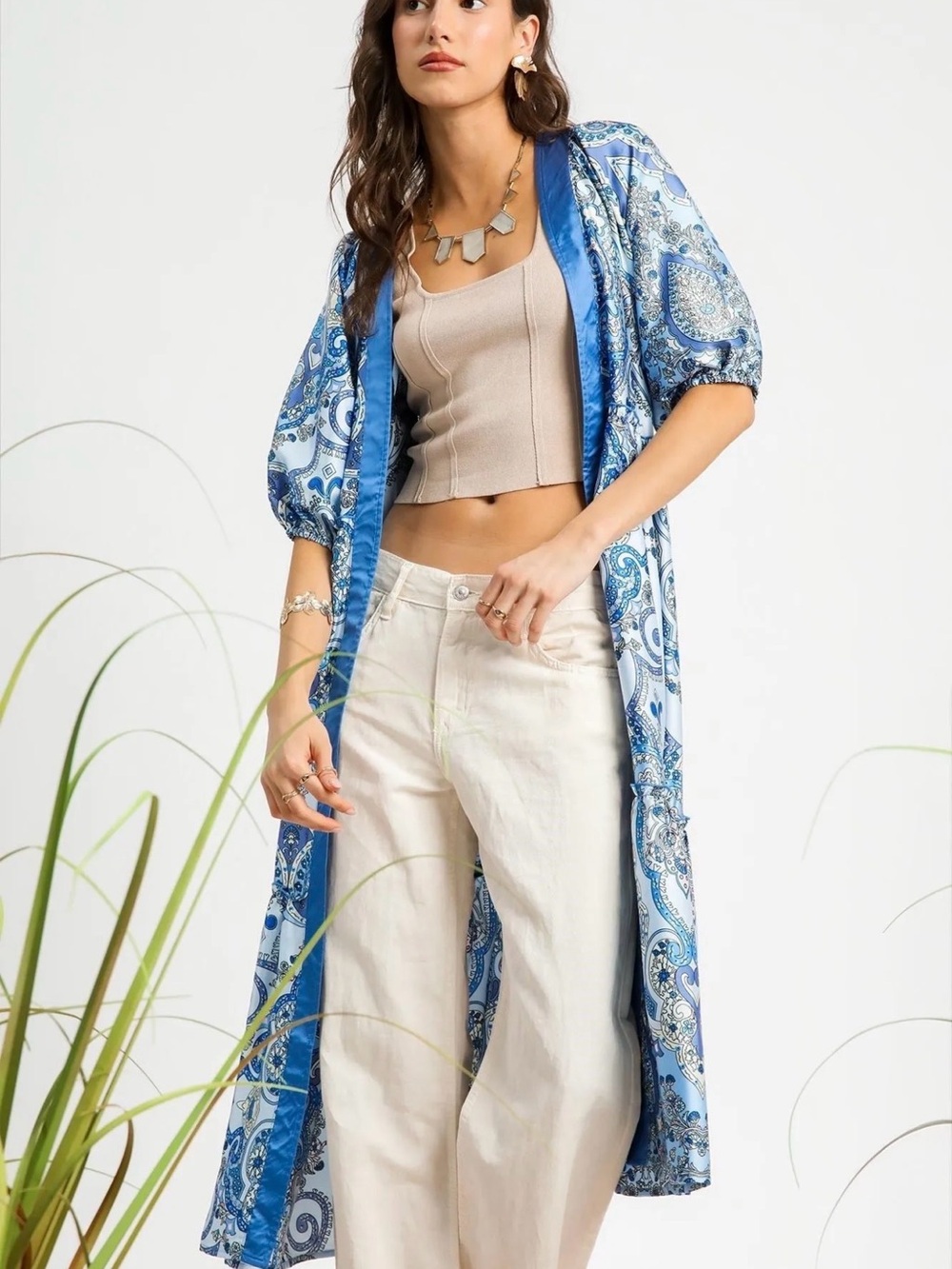 Umgee Blue Paisley Satin-Trim Long Duster